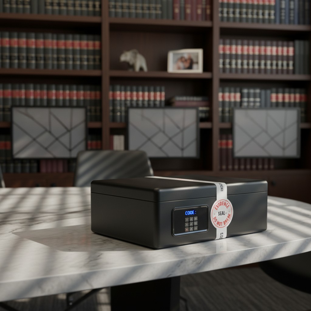 The image features a small, black safe sitting atop a white desk with a marble finish, set against an out-of-focus backgro...