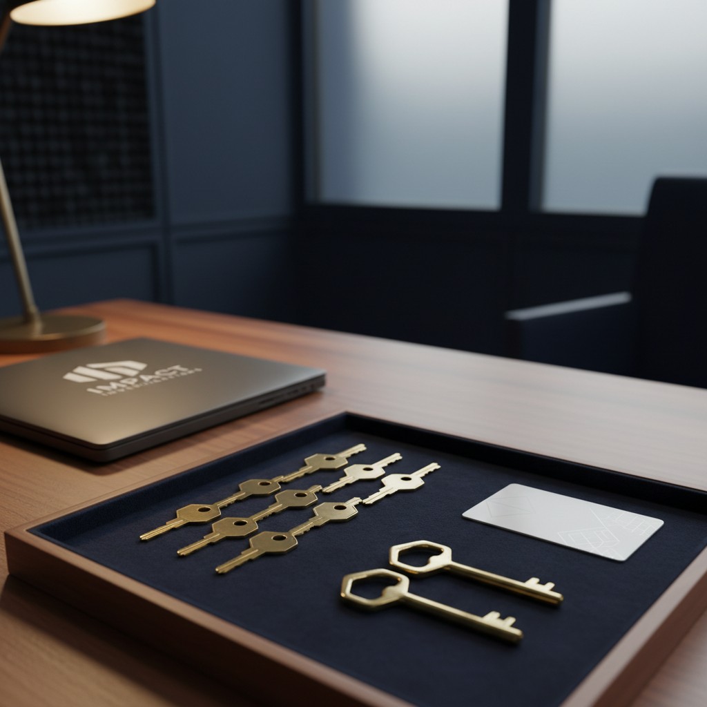 A selection of functional keys in a wooden box laid on a desktop with a laptop featuring a company logo in the background ...