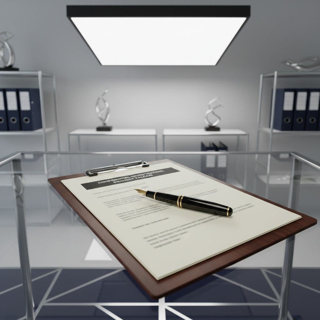 A close-up of a clipboard with a pen on top, sitting on a glass desk in an office setting.